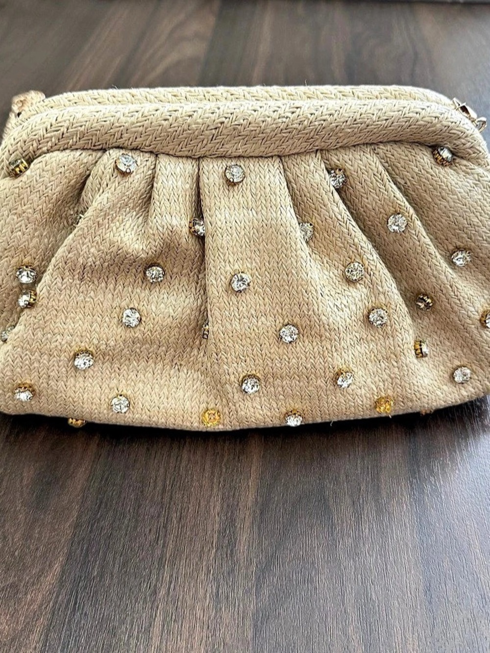 Jessica McClintock Violetta Rhinestone Studded Straw Frame Clutch Embellished